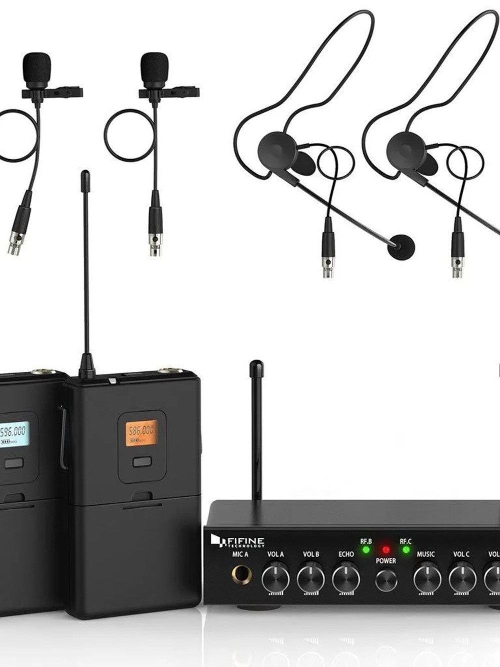 Wireless Mic System, Fifine UHF Dual Channel Set w 2 Headsets & 2 Lapel NEW